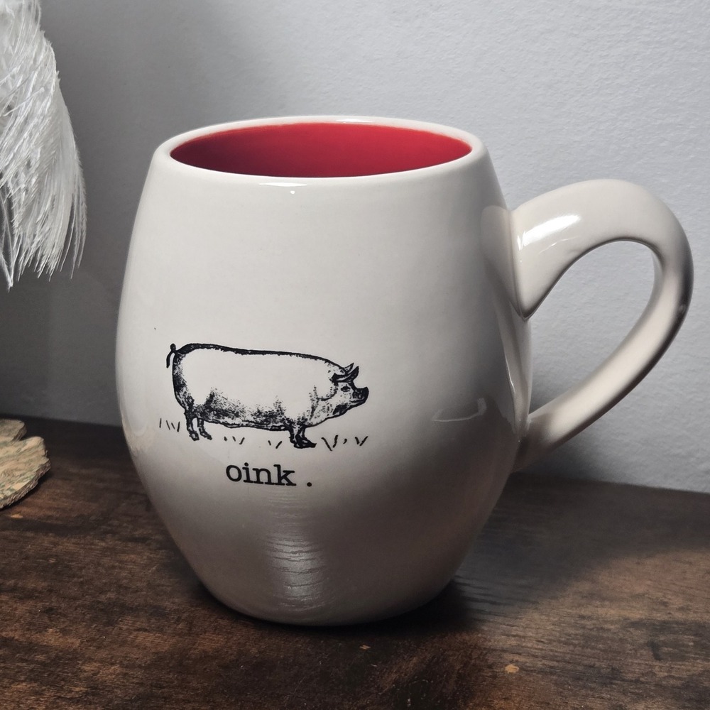 Rae Dunn Oink Farmline Original M Stamp Coffee Mug 16oz Red Interior